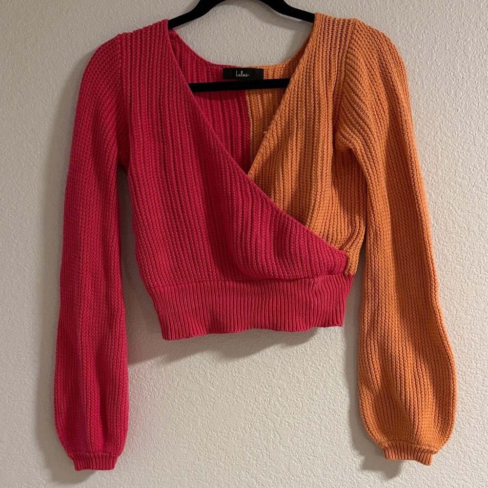 Lulu's Vibrant Pink and Orange Knit Crop Top Sweater, XS